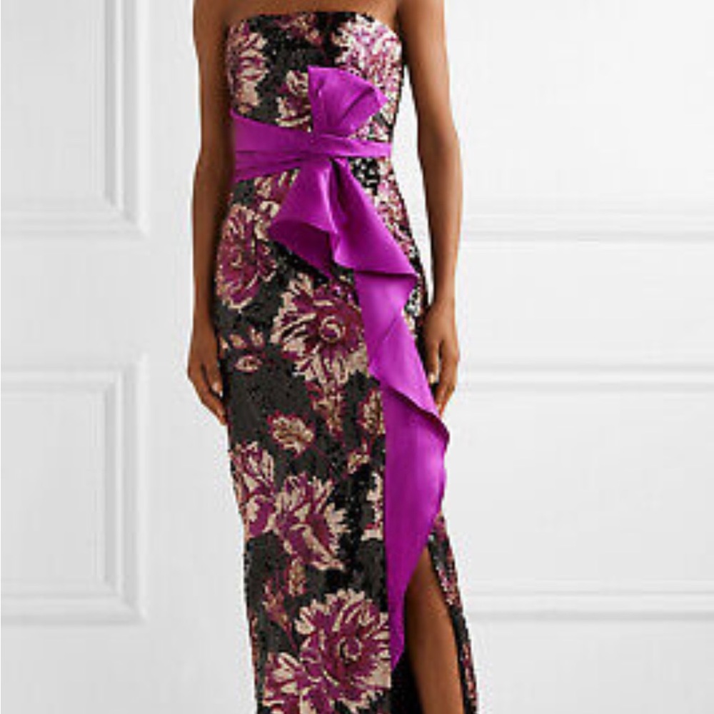 Marchesa Notte Strapless Sequined Peony Gown Black Purple